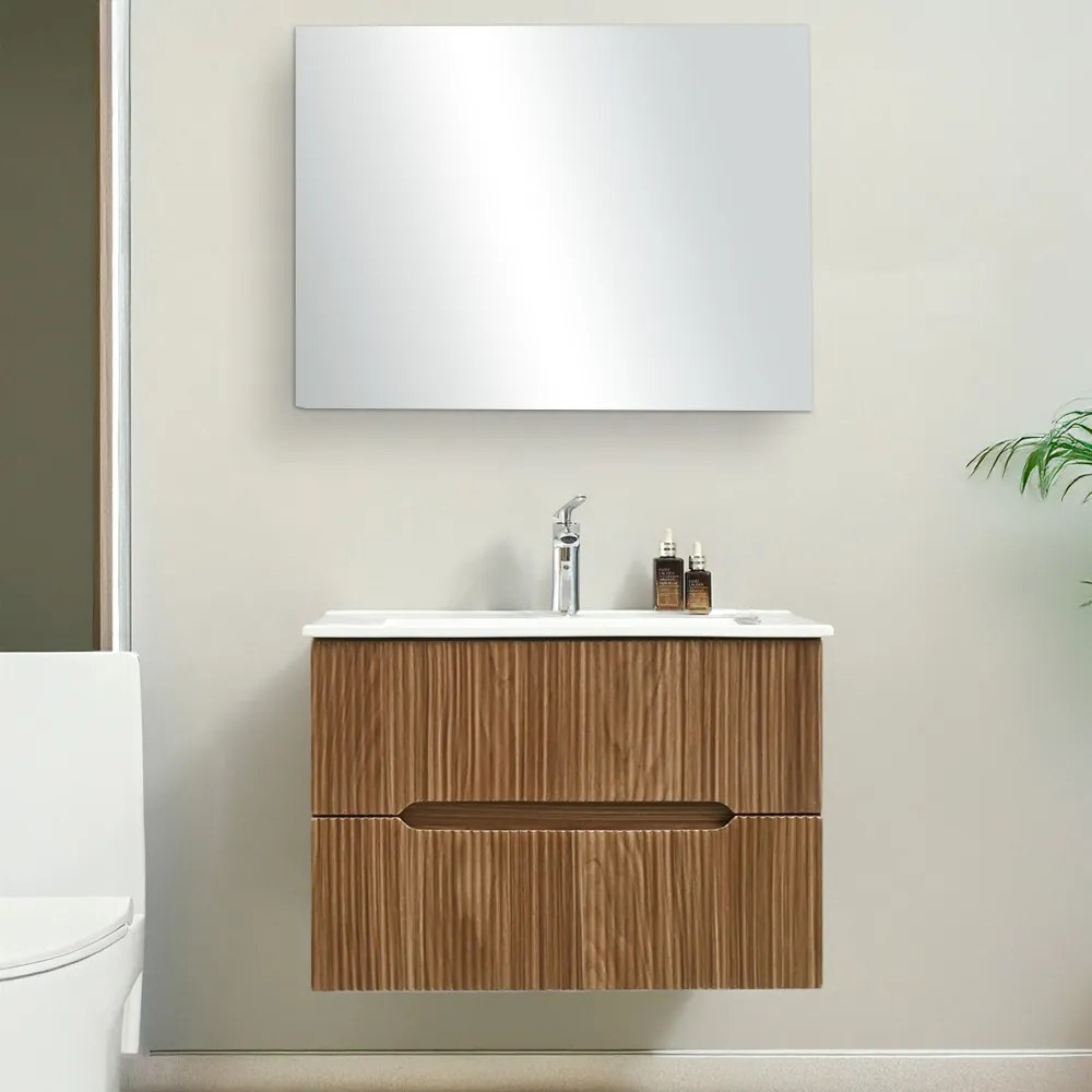Mobilier de baie Trent 80 cm cu chiuvetă ceramică (2 sertare) și oglindă 60x80 cm stejar apus de soare