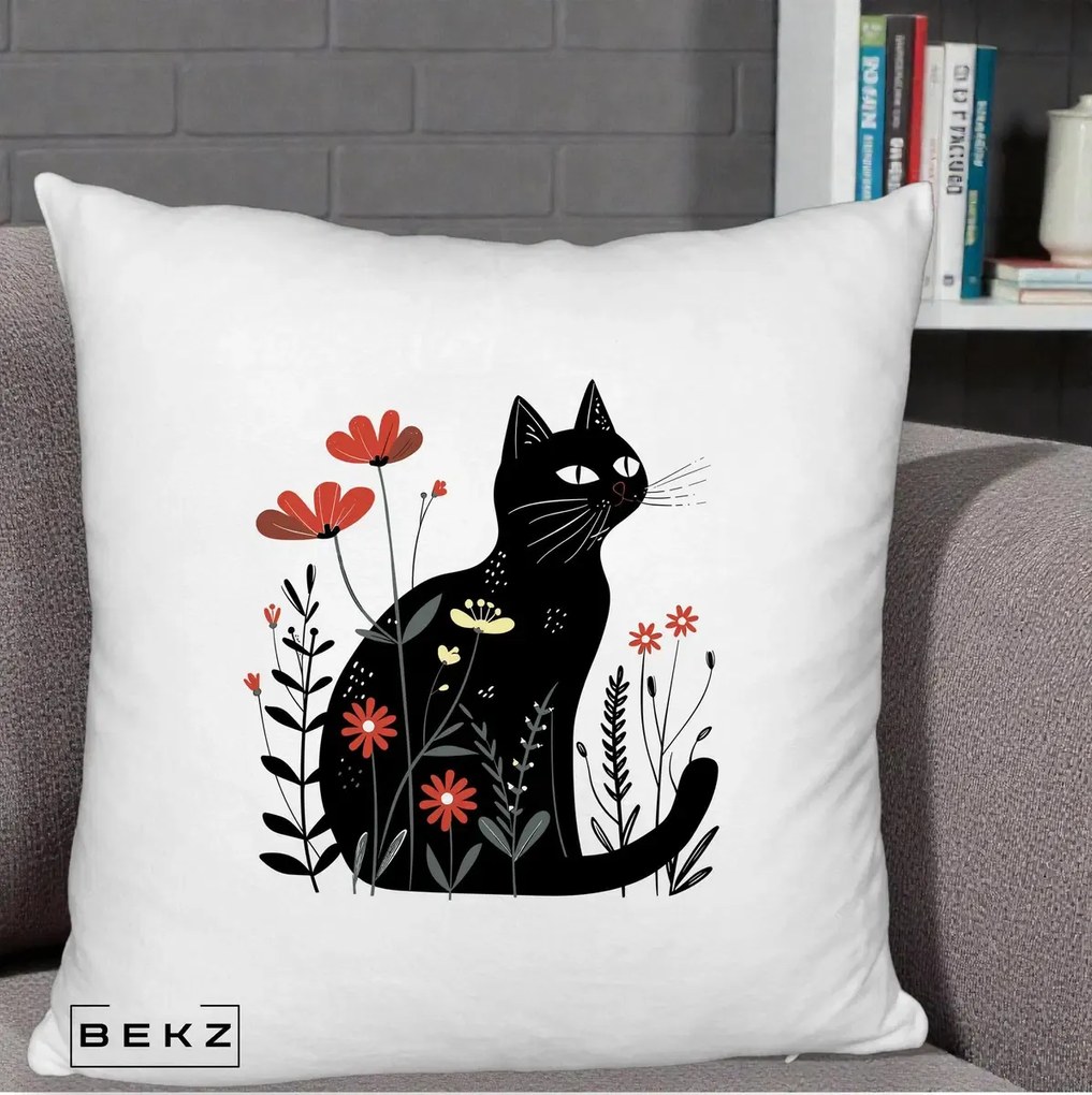 Perna Decorativa Pisica Neagra Flori Rosii Folk, 40x40 cm, Alb Pufos, Husa Detasabila, Perna Inclusa, BEKZ®