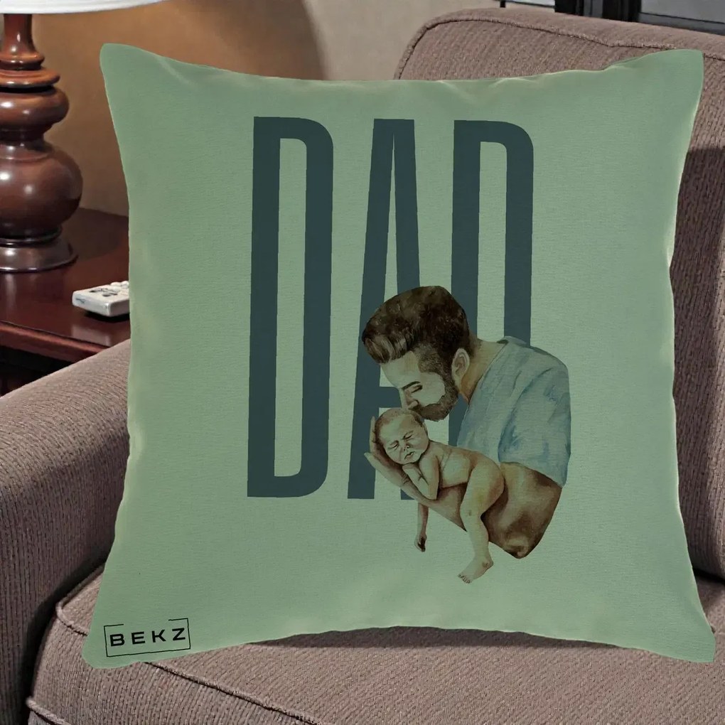 Cadou pentru Tata - Perna Personalizata DAD Tata si Nou-Nascut, 40x40 cm, Verde, Husa Detasabila, Perna Inclusa, BEKZ®