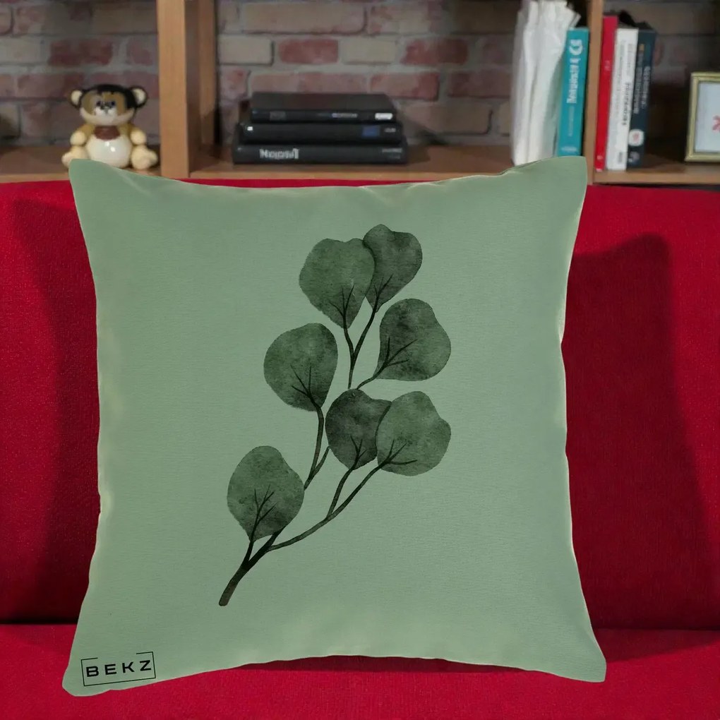 Perna Decorativa Ramura Eucalipt Acuarela, 40x40 cm, Verde, Husa Detasabila, Perna Inclusa, BEKZ®