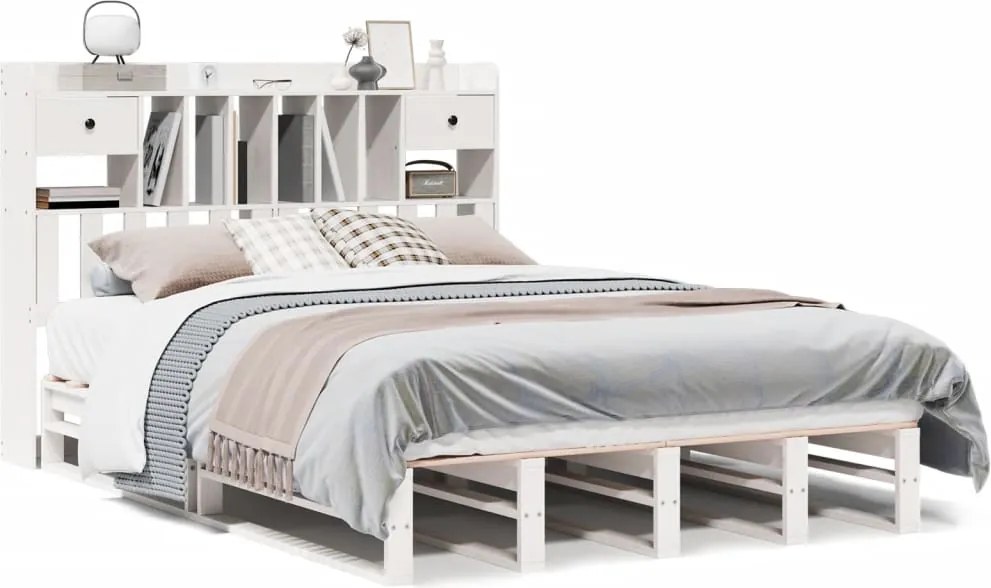 vidaXL Pat cu bibliotecă fără saltea, alb, 150x200 cm, lemn masiv pin