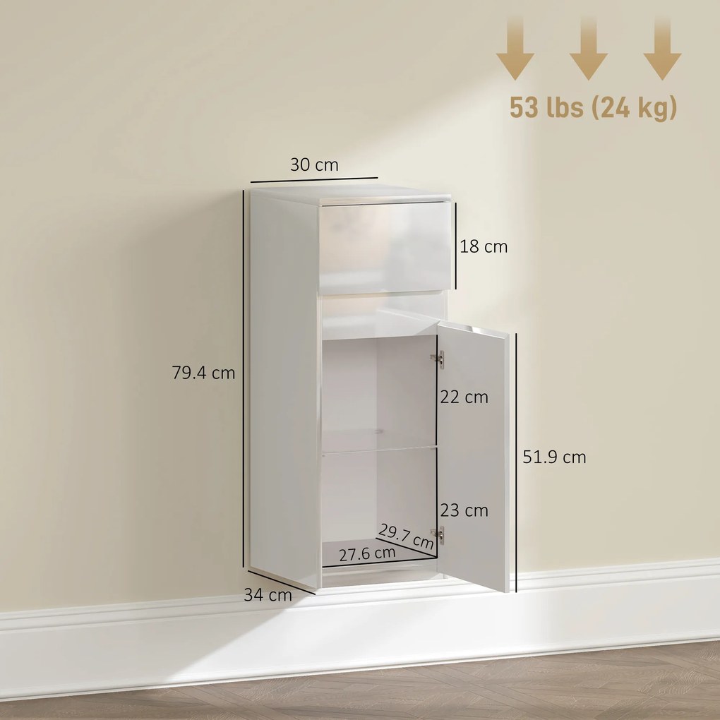 HOMCOM Dulap de Baie Suspendat cu Sertar și Ușă Lucioasă, Raft Reglabil din Sticlă Securizată, 30x34x79,4 cm, Alb Lucios | Aosom Romania