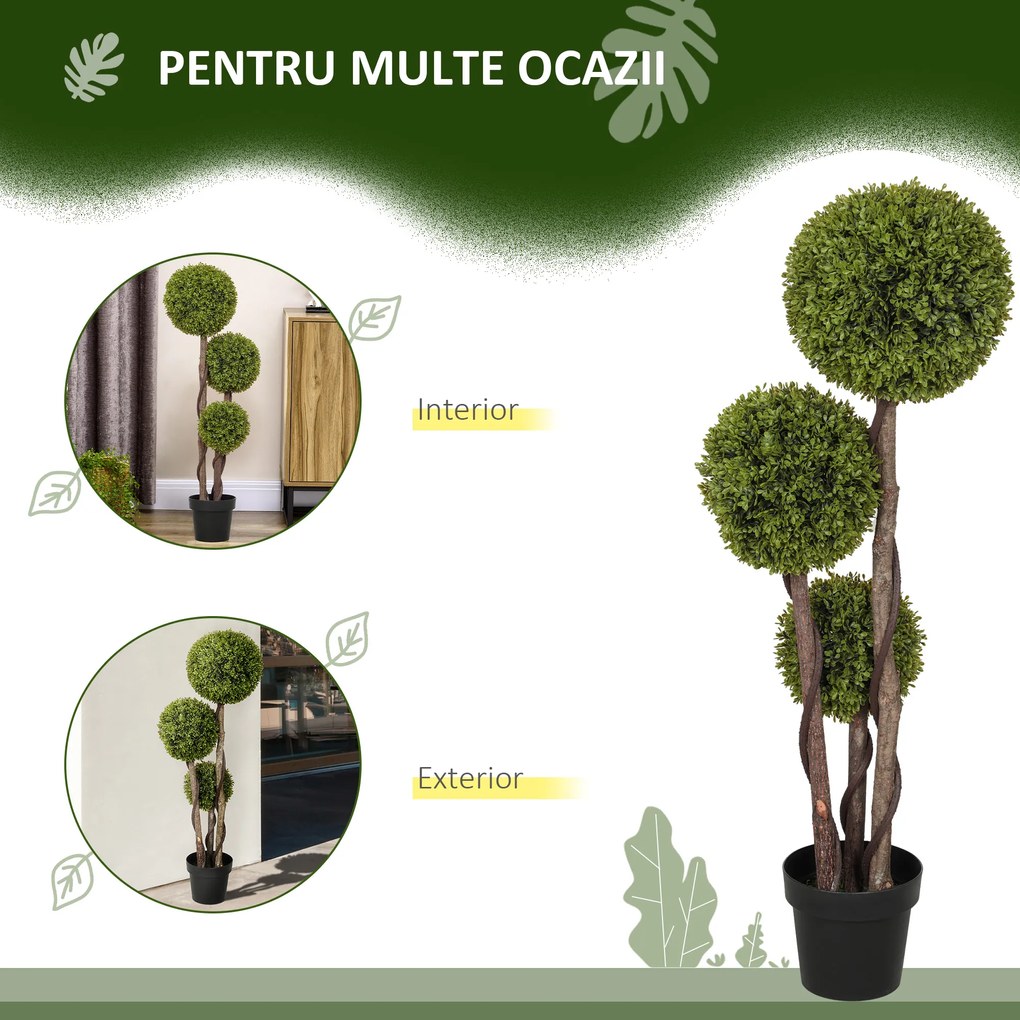 HOMCOM Plantă Artificială de Buxus cu 3 Sfere, Ghiveci Inclus și Bază Întărită, Ø19,5x115 cm, Verde | Aosom Romania