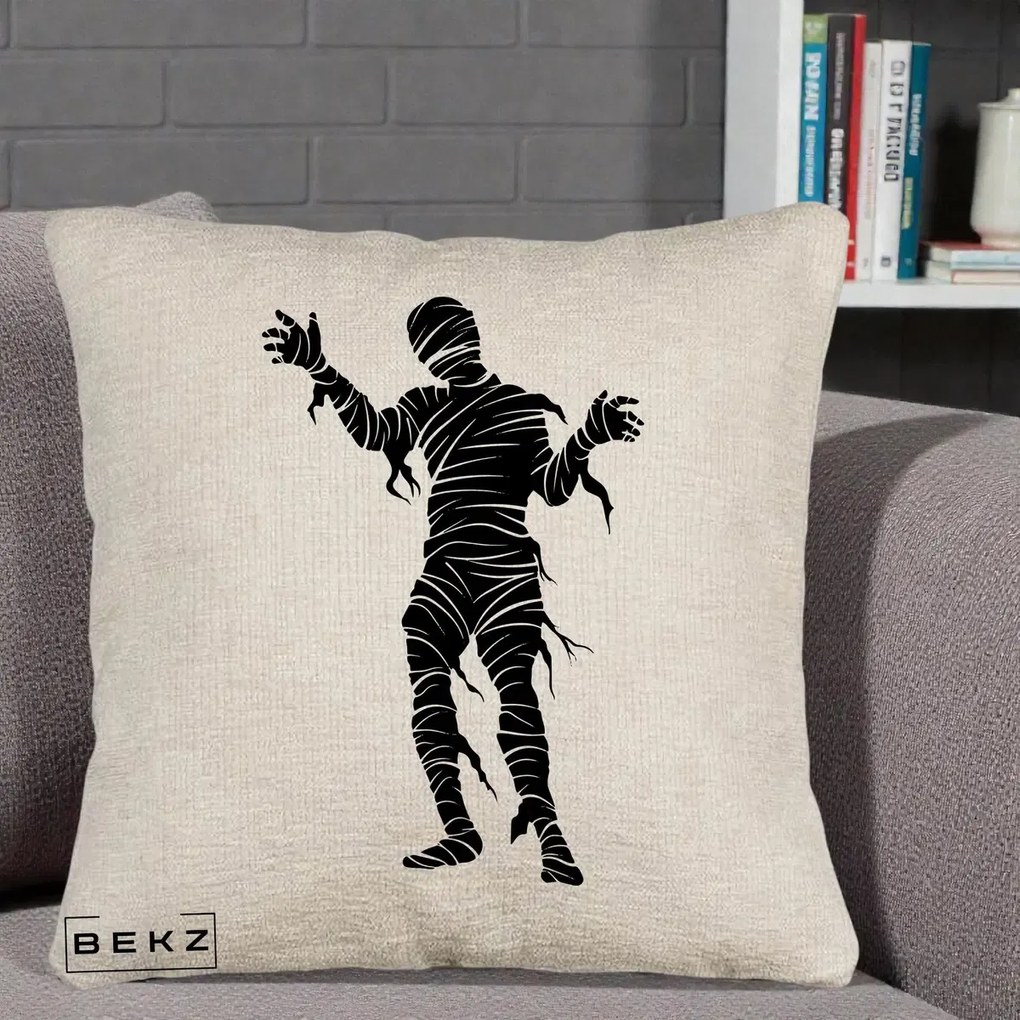 Perna Decorativa Mormii Infricosat Silueta Neagra Halloween, 40x40 cm, Bej Canapea, Husa Detasabila, Perna Inclusa, BEKZ®