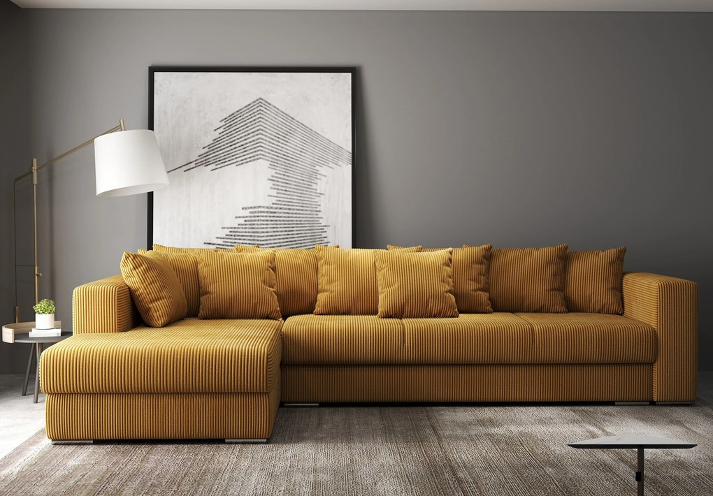 Colțar extensibil dumonde cu ladă de depozitare si sezut confortabil din spuma high-density, Gloria Zoom Mustar 320x183 cm