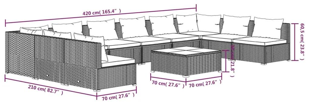Set mobilier de gradina cu perne, 11 piese, gri, poliratan gri si antracit, 4x colt + 6x mijloc + masa, 1