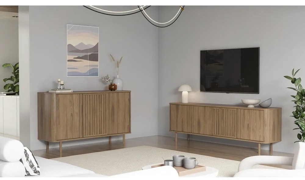 Comodă TV în culoare naturală cu aspect de lemn de stejar 180x60,5x35 cm Salma – Marckeric