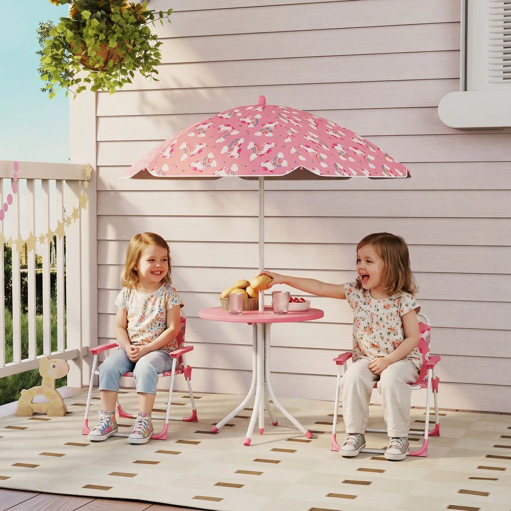 AIYAPLAY Masă de Picnic pentru Copii, Set Masă și Scaune cu 2 Scaune Pliabile și Umbrelă Detasabilă, Temă Junglă, Mobilier de Exterior pentru Grădină, Patio, Roz | Aosom Romania