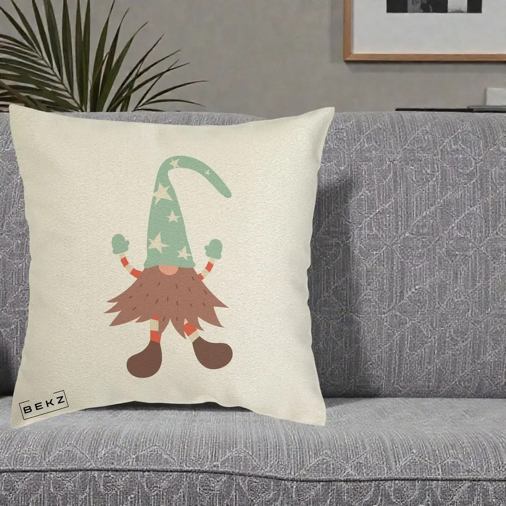 Perna Decorativa Pitic Gnom Nordic cu Cadou Menta, 40x40 cm, Ecru, Husa Detasabila, Perna Inclusa, BEKZ®