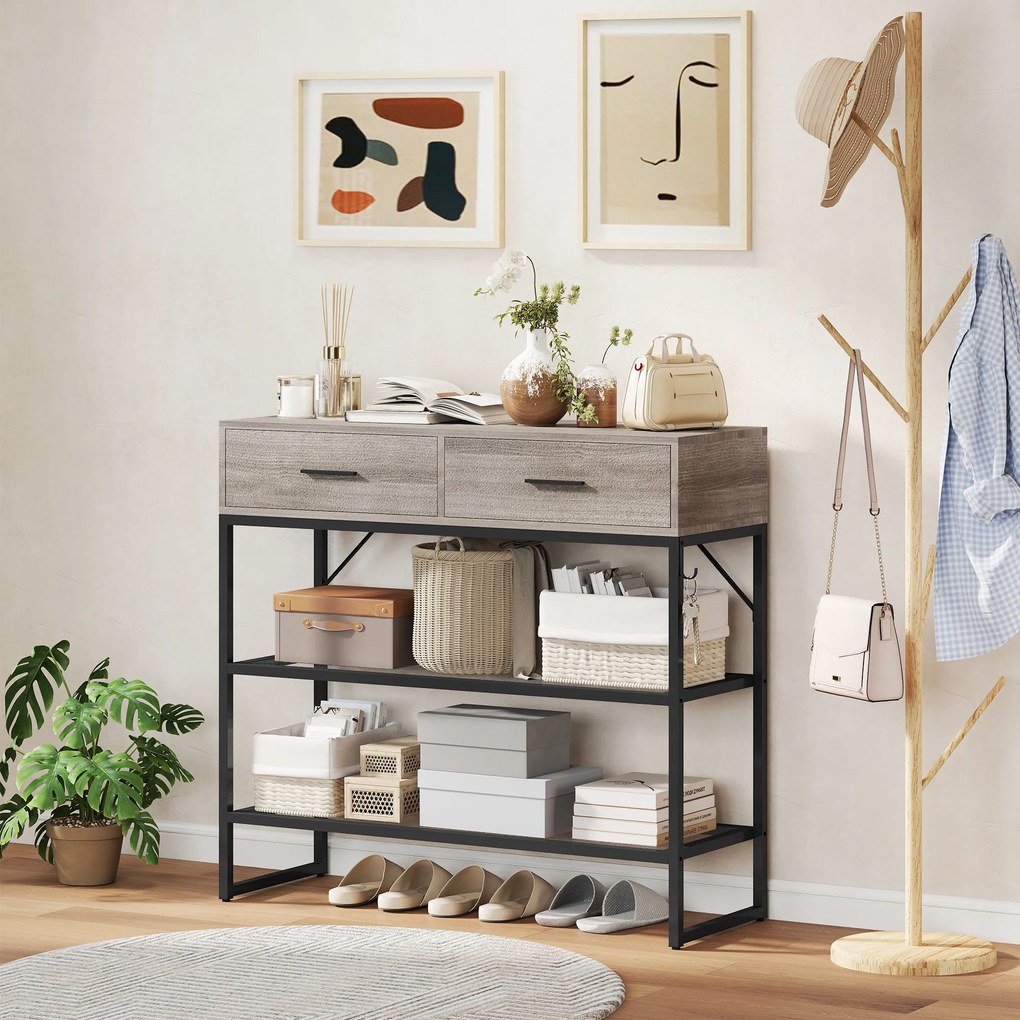 HOMCOM Console Table with 2 Drawers and 2 Mesh Shelves, Hallway Table with Metal Frame for Living Room, Entryway, Light Grey Wood Effect | Aosom Romania