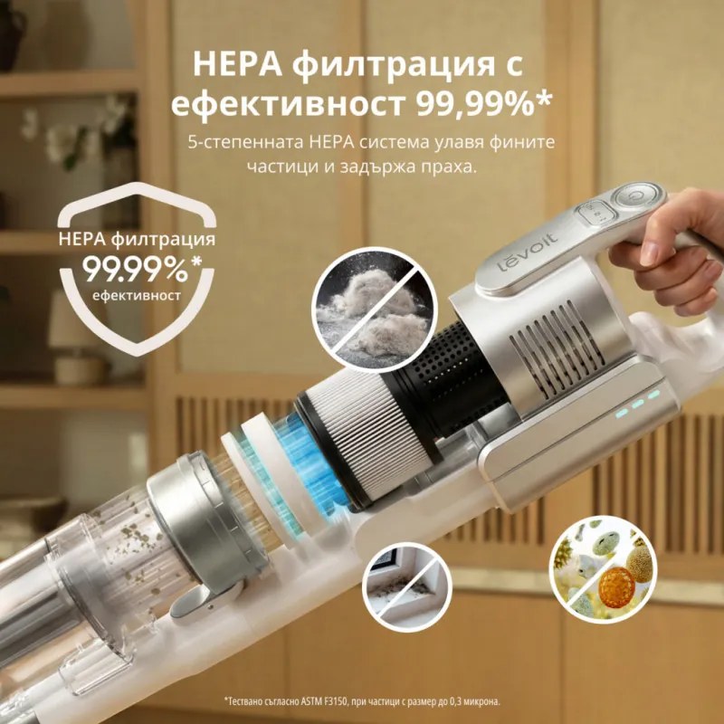 Aspirator vertical Levoit VortexIQ LSV-V221-VEU, 210 W, 0,85 l, 50 min, 3 trepte de putere, Lumina verde la peria NeoSight™, Filtru HEPA cu 5 trepte, Cap rotativ la 180°, Alb/Argintiu
