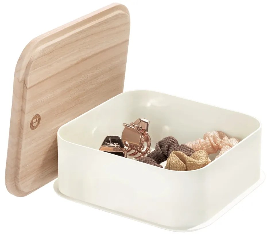 Cutie depozitare cu capac din lemn paulownia iDesign Eco, 21,3 x 21,3 cm, alb