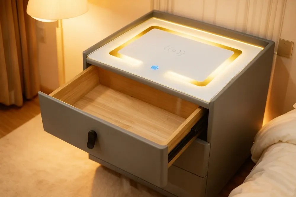 Noptieră inteligentă, încărcare Wireless și port USB+USB C, 3 sertare, 3 tipuri de iluminare LED touch, 3 tipuri de culoare, sticla securizata, Gri