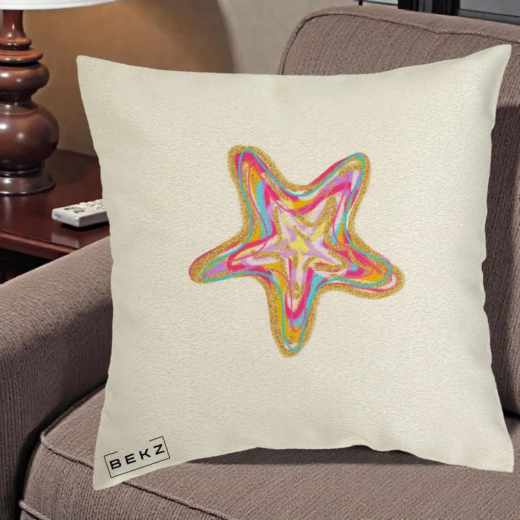 Perna Decorativa Stea de Mare Colorata Psiheledic, 40x40 cm, Ecru, Husa Detasabila, Perna Inclusa, BEKZ®