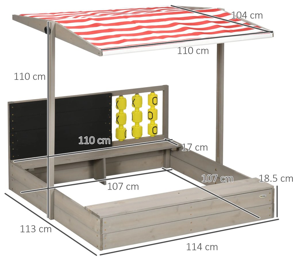 Outsunny Caz de nisip pătrat din lemn pentru copii cu bănci acoperiș reglabil, tablou și jocuri 114 x 113 x 110 cm gri | Aosom Romania