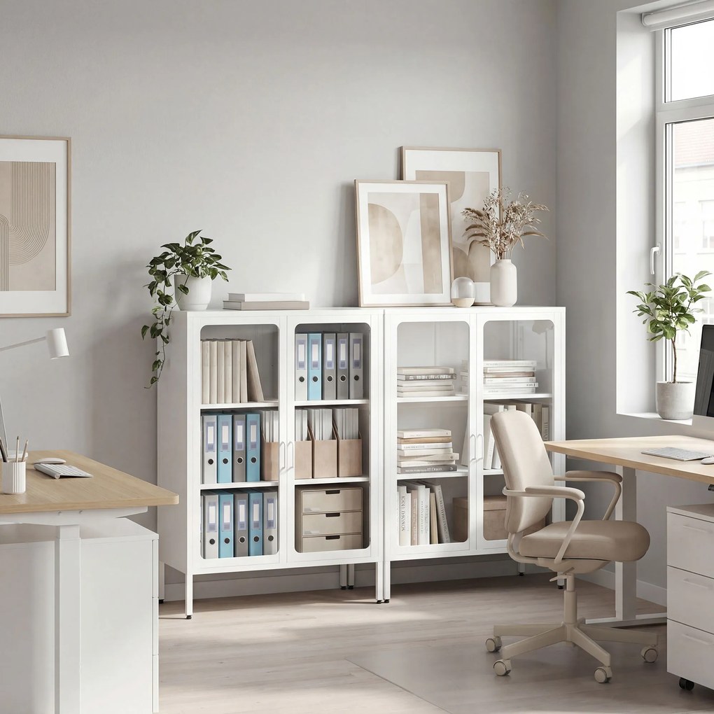 HOMCOM Dulap pentru Documente din Oțel cu 2 Uși din Sticlă Securizată, Dulap de Birou cu Rafturi Reglabile, Dulap Multifuncțional pentru Depozitare, Birou, Cameră de Studii, Casă, 80x40x110 cm, Alb | Aosom Romania