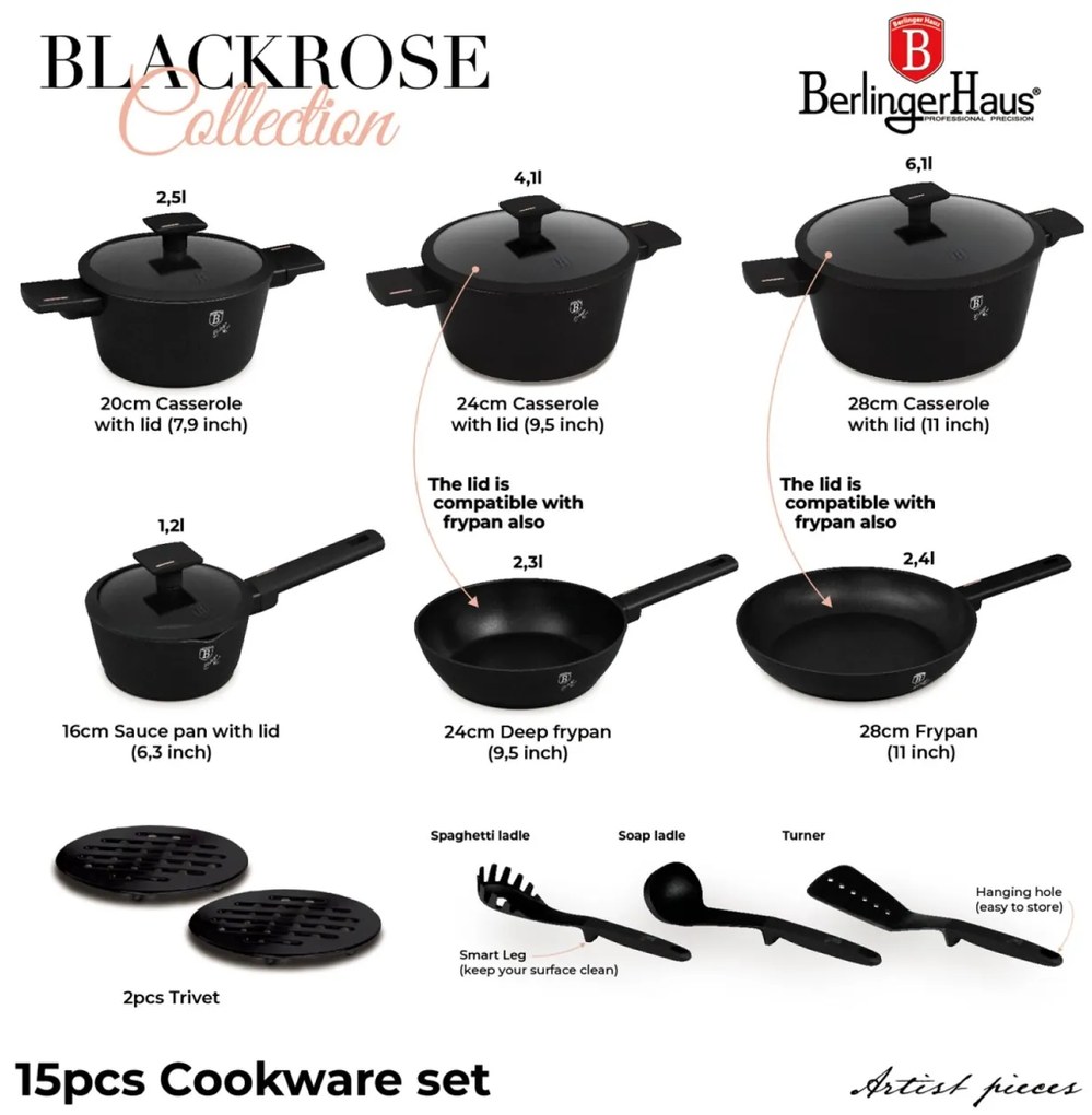 Set oale si tigai cu capace, 15 piese Monaco Berlinger Haus BH 8246, antiaderente, titan, negru