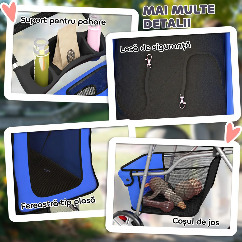 PawHut Cărucior pentru Câini Pliabil cu Benzi Reflectorizante, Roți Rotative, Frâne și Pernă Lavabilă, Albastru | Aosom Romania