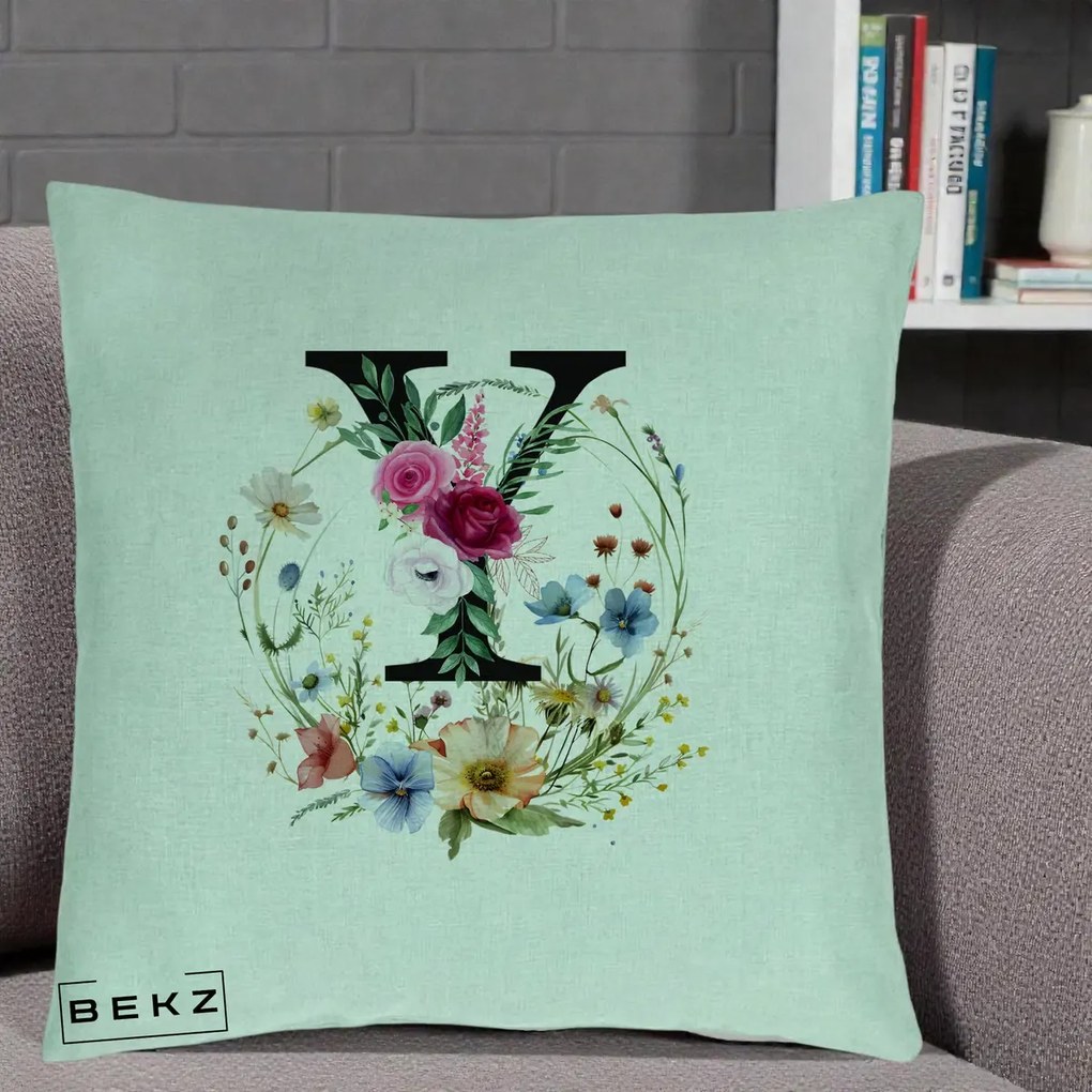 Cadou Personalizat - Perna Personalizata Monograma Florala Litera Y cu Coroana, 40x40 cm, Verde Menta, Husa Detasabila, Perna Inclusa, BEKZ®