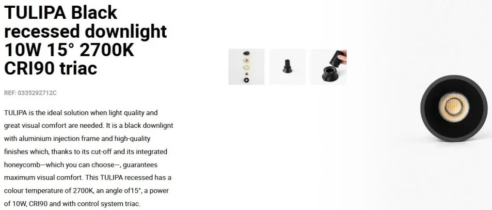 Spot LED incastrabil TULIPA Black recessed downlight 10W 15° 2700K CRI90 triac