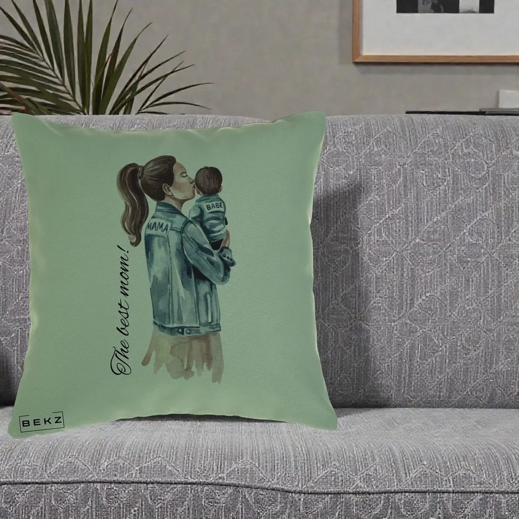 Cadou pentru Mama - Perna Personalizata The Best Mom Jachete, 40x40 cm, Verde, Husa Detasabila, Perna Inclusa, BEKZ®