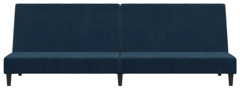 Canapea extensibila cu 2 locuri si taburet, albastru, catifea Albastru, Cu suport de picioare