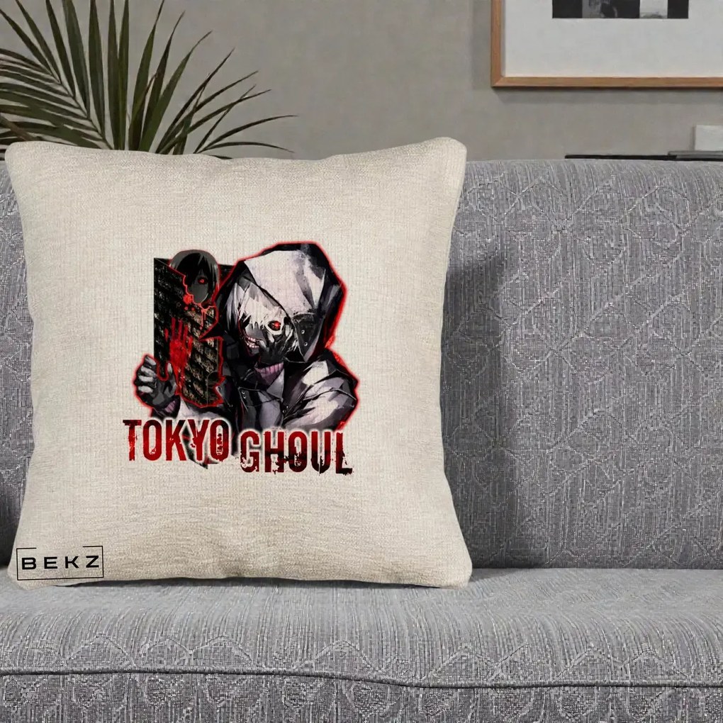 Perna Personalizata Tokyo Ghoul Ken Kaneki Anime, 40x40 cm, Bej Canapea, Husa Detasabila, Perna Inclusa, BEKZ®