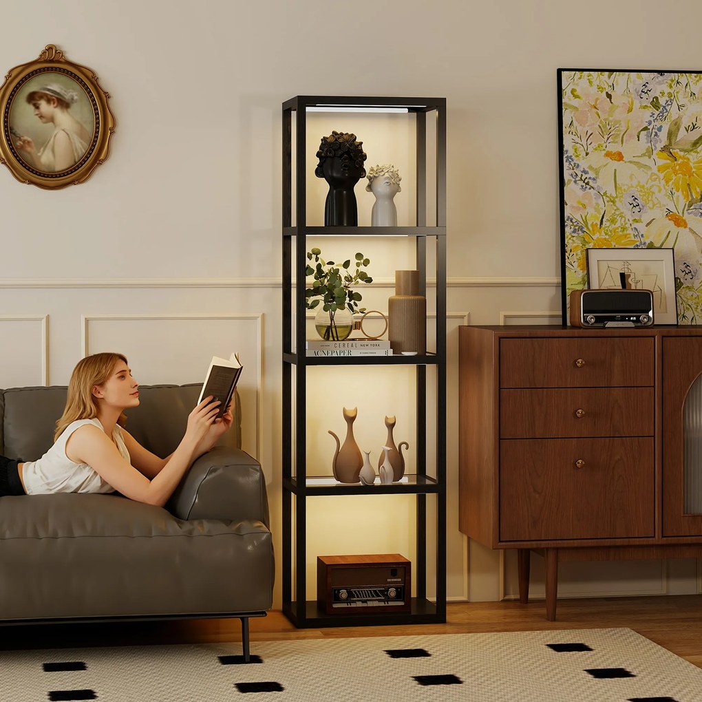 HOMCOM Lampă de podea RGB cu rafturi din sticlă, lampă LED cu 4 niveluri cu telecomandă, sincronizare muzicală, negru | Aosom Romania