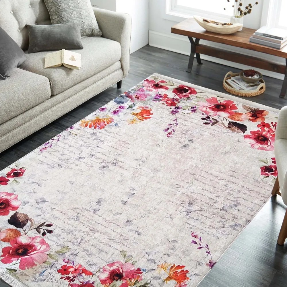 Covor antiderapant roșu cu model de flori Lățime: 160 cm | Lungime: 220 cm
