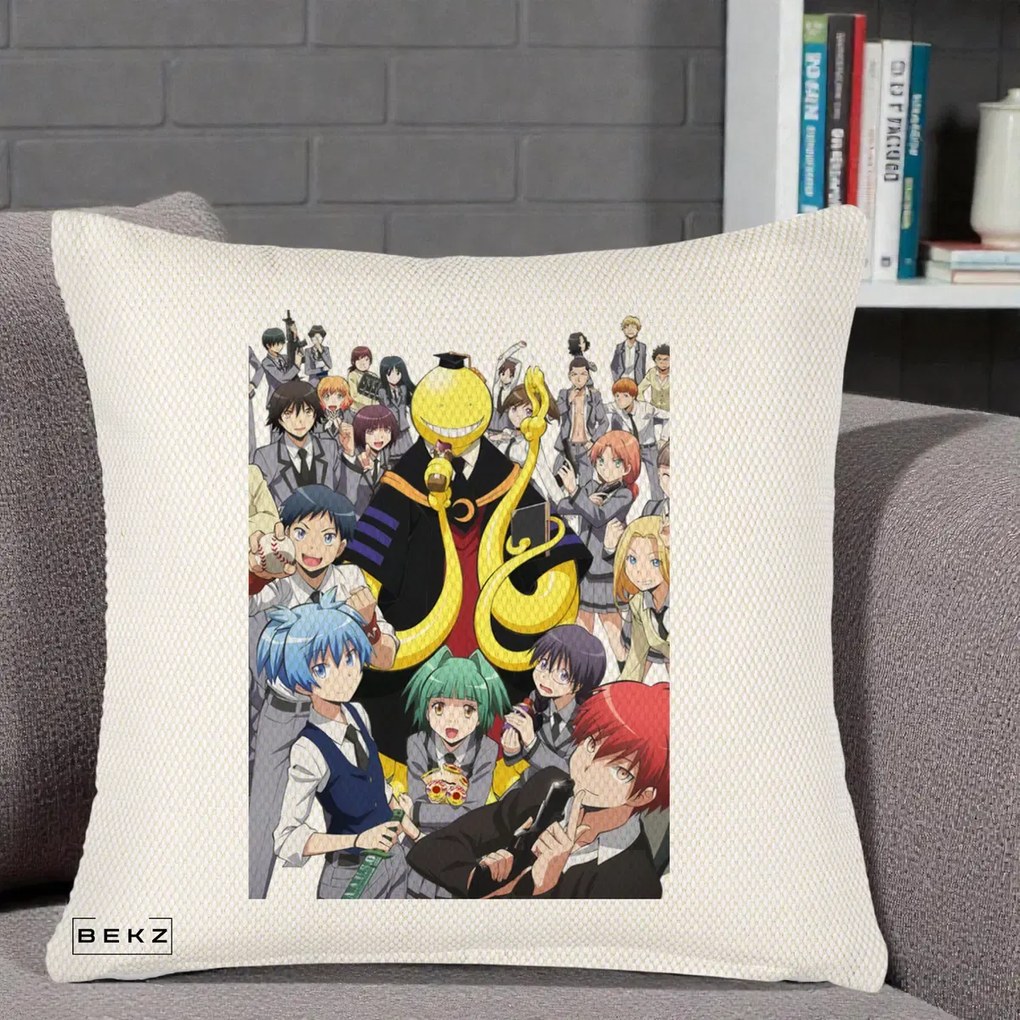 Perna Personalizata Assassination Classroom Grup Complet Anime, 40x40 cm, Crem Reliefat, Husa Detasabila, Perna Inclusa, BEKZ®
