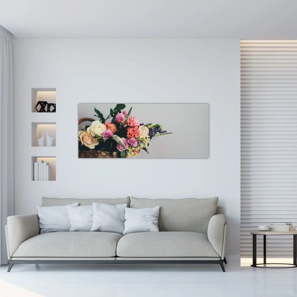 Tablou cu coș și flori (120x50 cm)