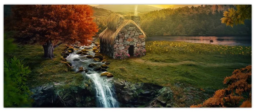 Tablou cu căbănuță în peisaj de poveste (120x50 cm)