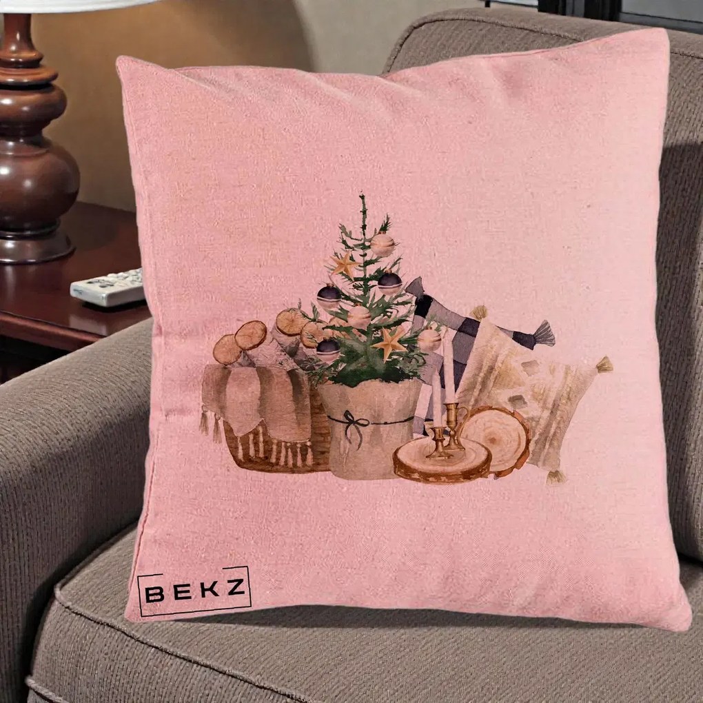 Perna Decorativa Colt Cozy de Craciun Boho, 40x40 cm, Roz, Husa Detasabila, Perna Inclusa, BEKZ®