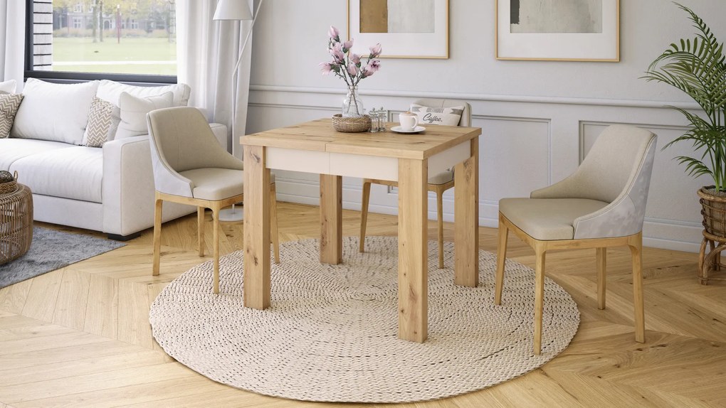 Mazzoni FONTE Stejar Artisan / Bej (Șampanie) - MASĂ CLASICĂ DE BUCĂTĂRIE/LIVING EXTENSIBILĂ PÂNĂ LA 130 cm!