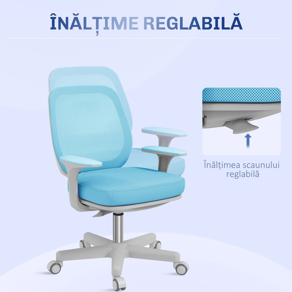 Vinsetto Scaun Birou Ergonomic cu Înălțime Reglabilă, Scaun Rotativ și Respirabil cu Înclinare, 55x48x82.5-94.5 cm, Albastru | Aosom Romania