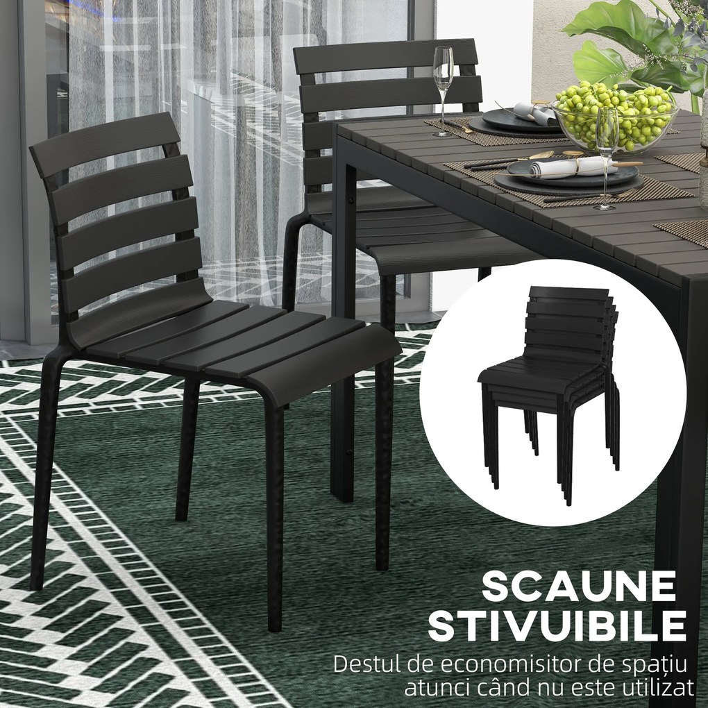 Outsunny Set de servit masa pentru gradina din 5 piese, Masa si 4 scaune stivuibile pentru exterior, cadru din otel, Negru