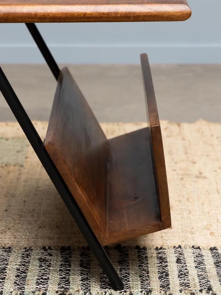 Măsuță de cafea dreptunghiulară din lemn de mango și metal, maro și negru, cu suport pentru reviste, finisaj satinat, 40 x 107 x 50 cm, „Easypeasy”
