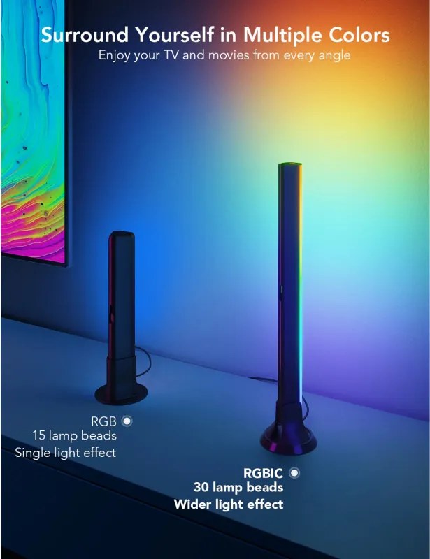 Set 2 Smart LED lampi pentru televizor LED Govee H6046 RGBIC, 24 W, Segmente de culoare adresabile, Wi-Fi, Bluetooth, Govee Home, Negru
