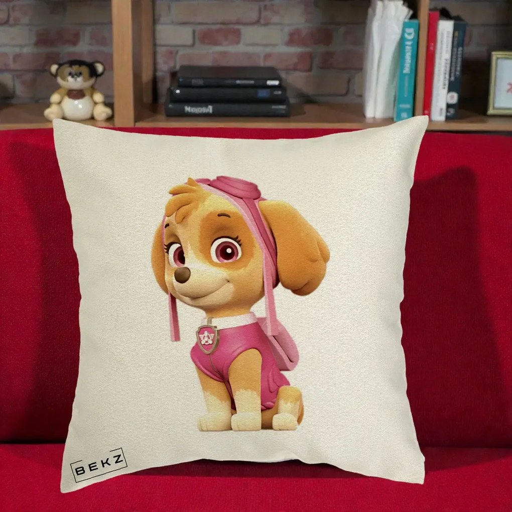 Perna Personalizata Skye PAW Patrol Roz, 40x40 cm, Ecru, Husa Detasabila, Perna Inclusa, BEKZ®