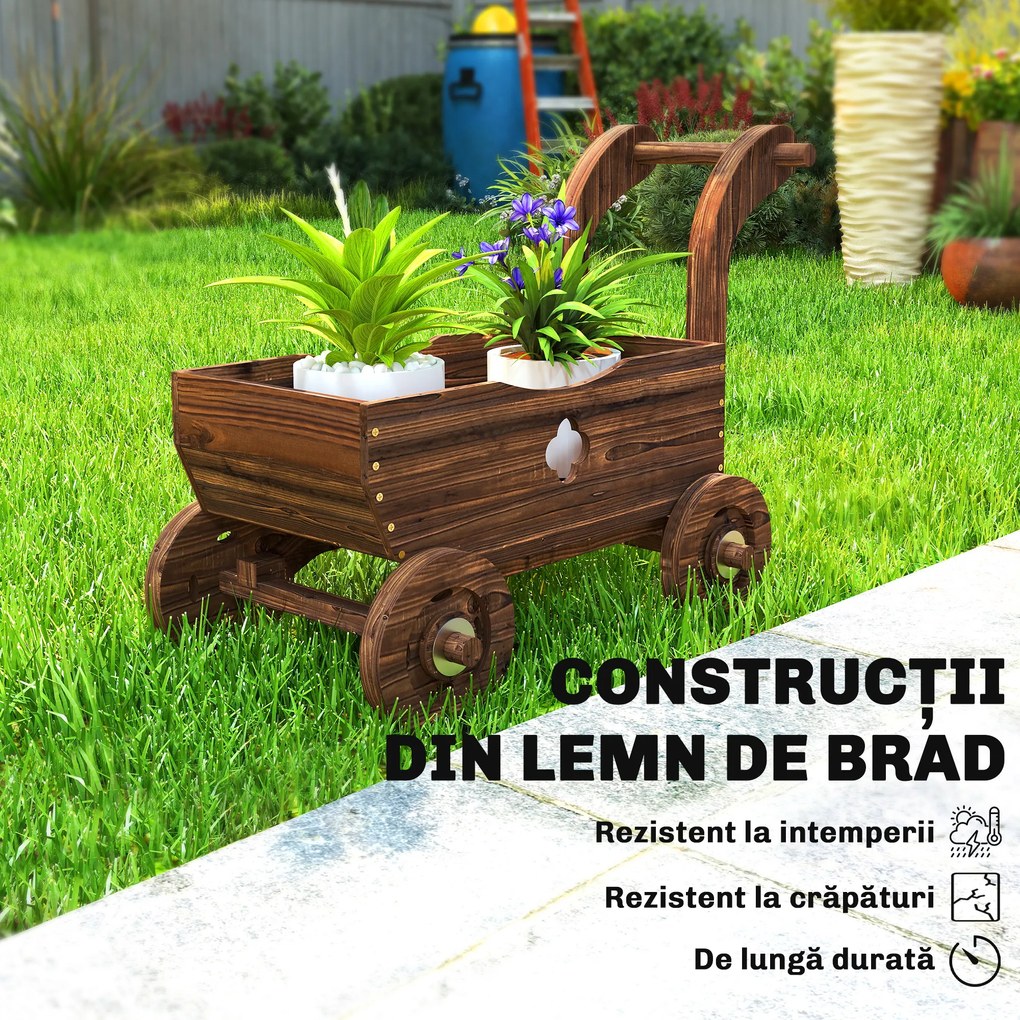 Outsunny Strat Înălțat pentru Grădină în Formă de Cărucior cu 4 Roți și Mâner, Ghiveci din Lemn de Molid cu Găuri de Drenaj, pentru Balcon, Terasă, 68x38x52 cm, Finisaj Carbonizat | Aosom Romania