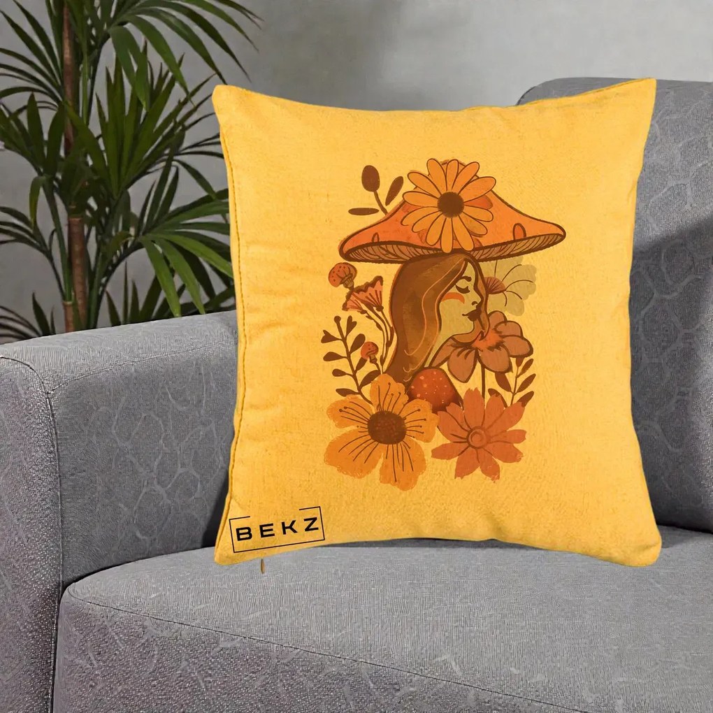 Perna Decorativa Fata Ciuperca Florala Boho, 40x40 cm, Galben, Husa Detasabila, Perna Inclusa, BEKZ®