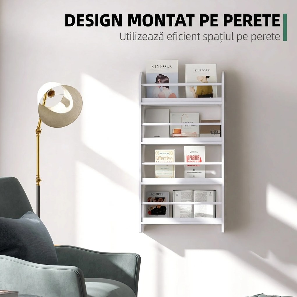 HOMCOM Etajeră de Perete Modernă cu 4 Rafturi din Lemn, Design Elegant pentru Living sau Birou, Alb, 59x12x113cm | Aosom Romania