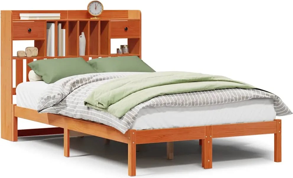 vidaXL Pat cu bibliotecă fără saltea maro 135x190 cm lemn masiv de pin