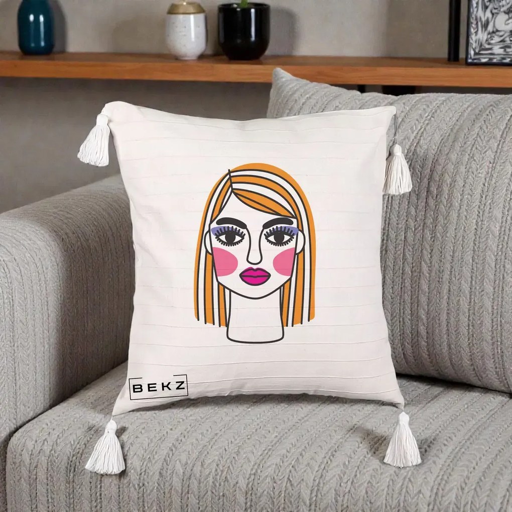 Perna Decorativa Portret Pop Art Fata, 40x40 cm, Bej cu Franjuri, Husa Detasabila, Perna Inclusa, BEKZ®