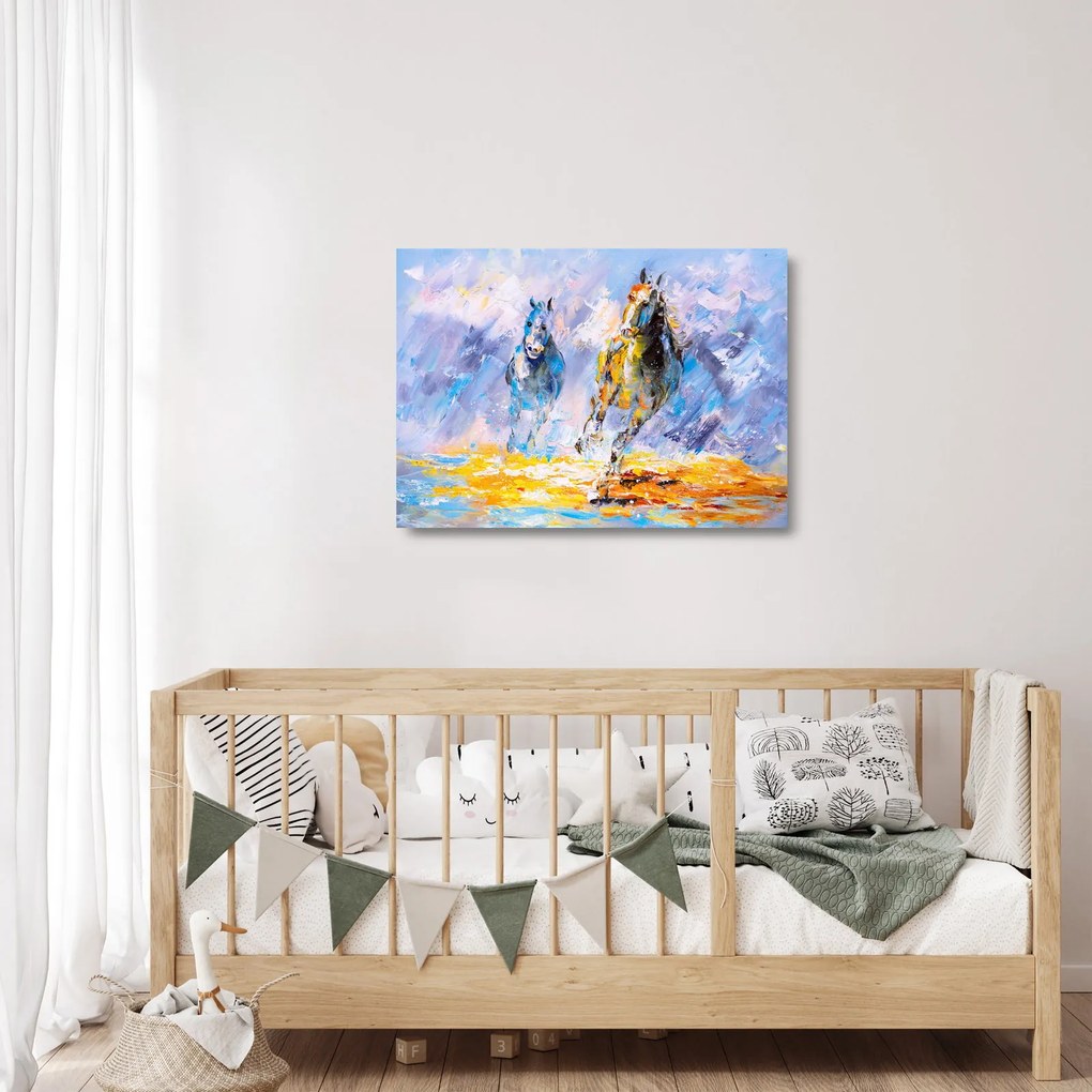 Tablou pe sticlă - Caii alergând, pictură în ulei (70x50 cm)