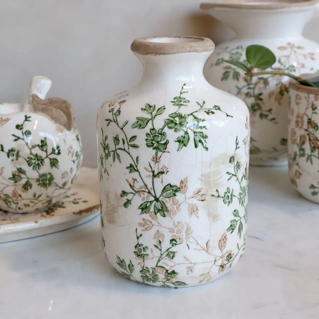 Vază din ceramică albă antichizată, pictată manual, cu decor floral-vegetal, 17,5x11 cm, „Grasse"