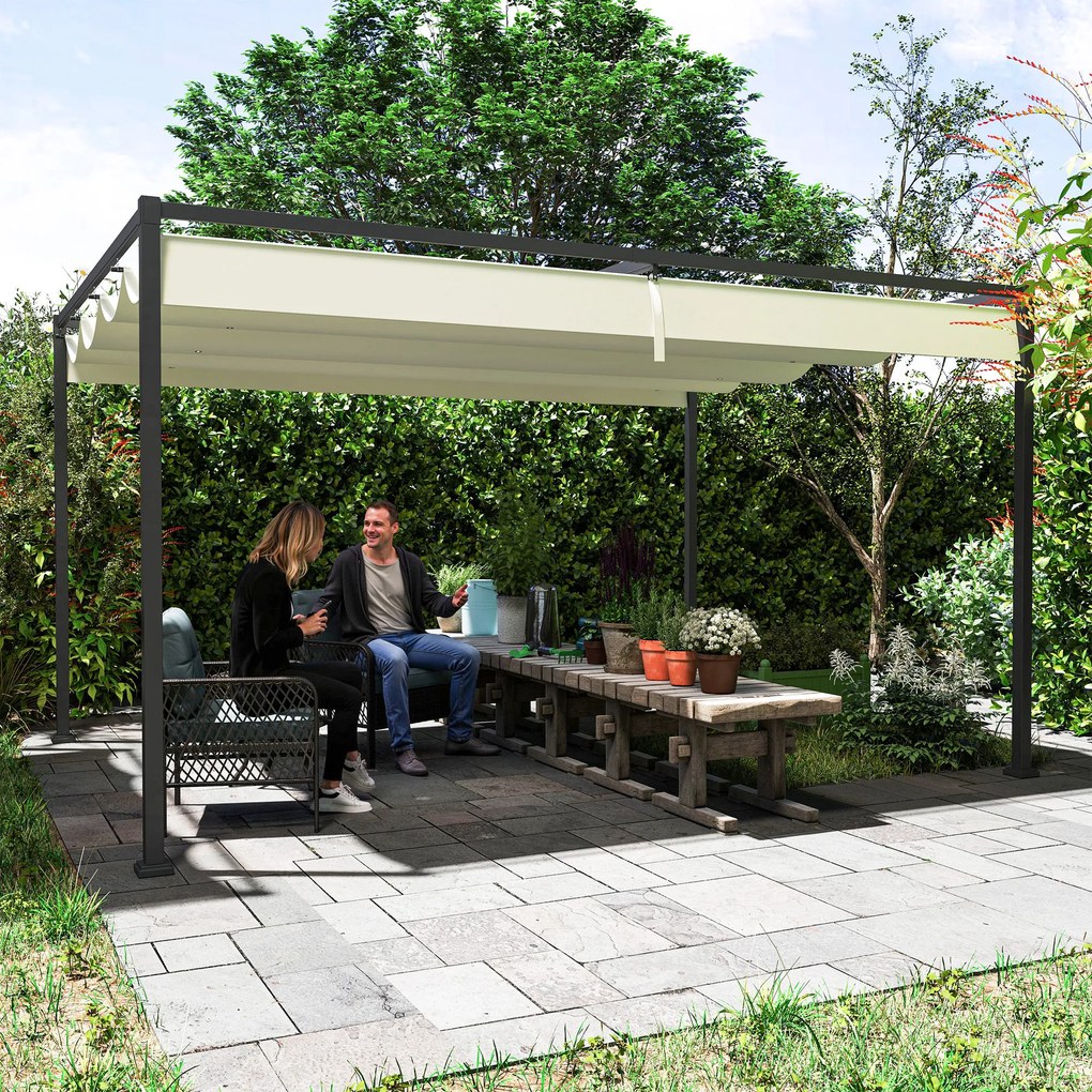 Outsunny Pergolă de Grădină 4x3 m Gazebo cu Acoperiș Retractabil din Poliester, Rezistent pentru Evenimente, Crem | Aosom Romania