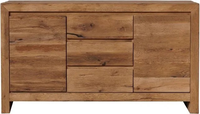 Comodă cu uși și sertare, rustică, din lemn de stejar, natur, cu 3 sertare, 2 uși, 2 rafturi și ramă lată, 90 x 160 x 48 cm, „Newhill”