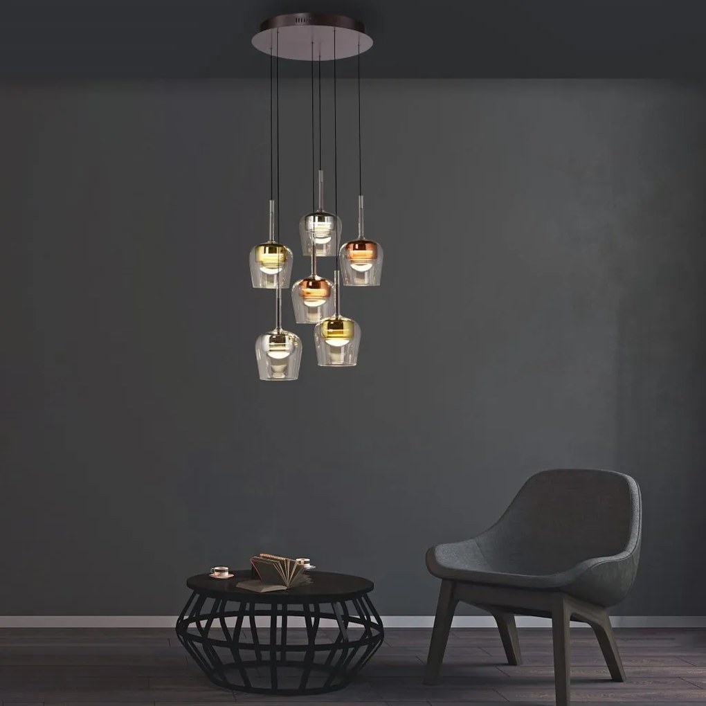 Lustra LED Smart cu telecomanda, CCT, 6 pendule, sticla, multicolor, Q-KON