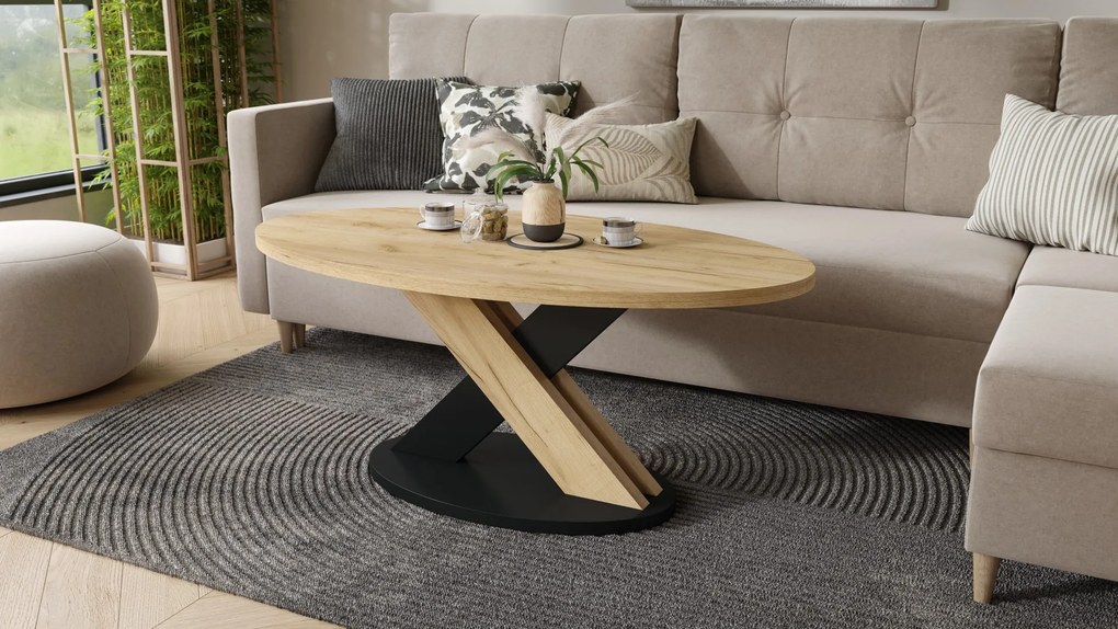 Mazzoni Măsuță de cafea ovală LOXA Stejar Craft Auriu / Negru - MĂSUȚĂ DE CAFEA 120x65 cm